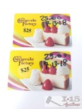 2 Cheesecake Factory Gift Cards $25.00 Each