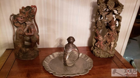Signa Style Figures, Balinese Style Figures and a Decater with Metal Tray