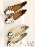 2 Pairs of Womens Flats, Silver Pair are JustFabulous size 8.5, White pair Akaricia size 8