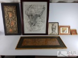 5 pieces of framed artwork , 1 framed The China Doll Dodge City Coin