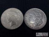 1885-O Morgan Morgan Silver Dollar and a 1922-D Silver Peace Dollar