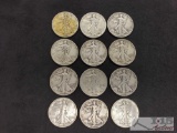 12 Walking Liberty Half Dollars 1936-1945 Not Consecutive, Various Mints, 147g