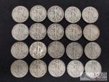 20 Walking Liberty Half Dollars 1934-1946 Not Consecutive, Various Mints, 245g