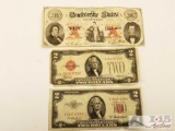 2 Red Seal $2 Bills Series 1928D and 1953A, $10 Confederate States Note