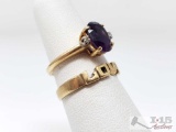 Pair of 14k Gold Rings 1 with Diamonds and Amethyst. 4.8 Grams, Size 4.5 and 6