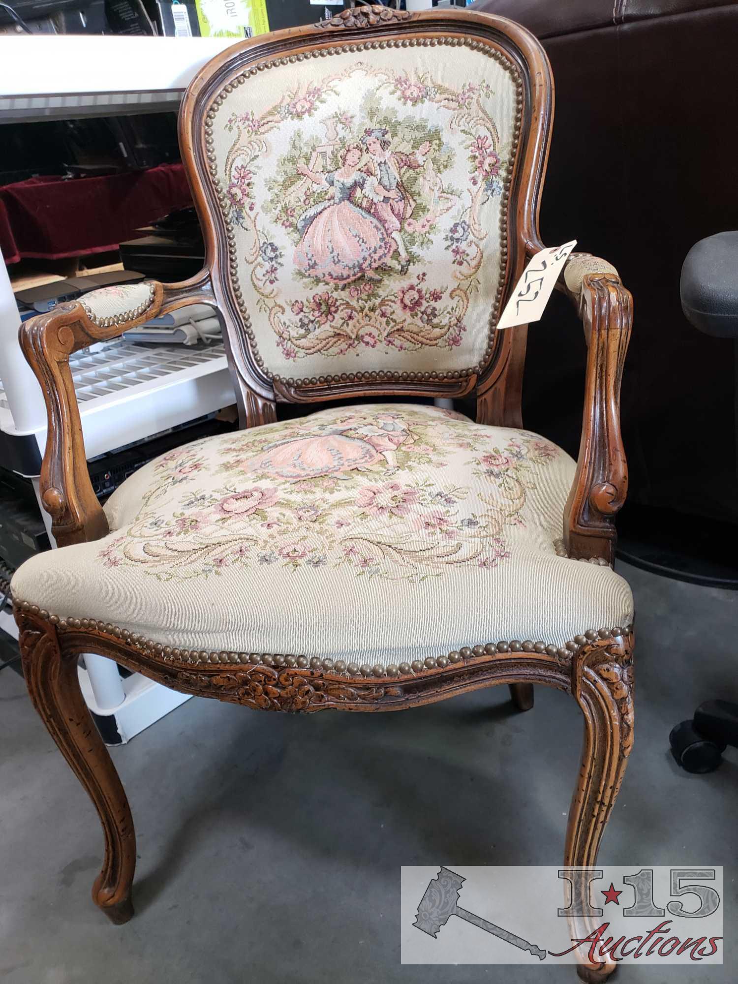 Vintage Louis XV Courting Couple Tapestry Fauteuil Armchair