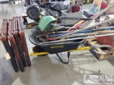 True Temper Wheelbarrow with Yard Tools, Shovels, Pick, Rakes, Fertilizer Spreader, Worx Barriers