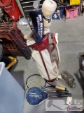 Burton Golf Bag with Clubs, 3 Racquets and Mew Wilson Baseball Mit, Trash Can