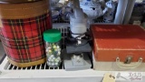 Spear-tome Record Player, Microscope, Marbles and a Large Tin