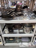 Calphalon Pot and Pan Set, Pyrex Measuring Cups, Assorted Glassware, and More