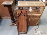 Wicker Cabinet, Pedestal and Antique Wood Panel