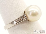 Ring with 6 Diamonds and Pearl, Unknown Metal, 4.2g, Size 5