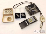 Costume Jewelry, 2 Oakland A's World Series Pins, Brand New Zippo Lighter, Wooden Nickel and Buttons