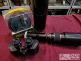Spiratone Telephoto Lens, Remington Folding Ear Muffs, and Mastercraft Binoculars