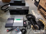 Sony Receiver, Bose Equalizer, Samsung DVD/VHS Player, 2 Headphones, Aris Box