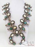 Large Vintage Sterling Silver Squash Blossom with Authintic Turquoise and Mother of Pearl Stones