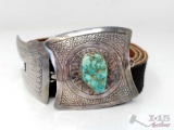 Vintage Sterling silver Buckle Set on Adjustable Leather Belt with a Large Authentic Turquoise Stone