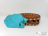Vintage Leather Western Belt Leather Belt with Turquoise Slab Buckle