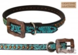 Brand New Genuine Leather Teal Filigree Dog Collar with Copper Studs- Medium