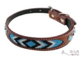 Genuine Leather Dog Collar with Blue and Black Beaded Inlay- Small