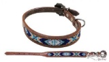 Genuine Leather Dog Collar with Beaded Inlay- Small