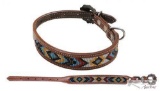 Genuine Leather Dog Collar with Beaded Inlay- Large