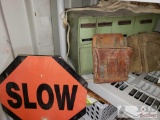 Metal Bread Box with Misc Hardware, Leather Pouches and a Stop/Slow Sign