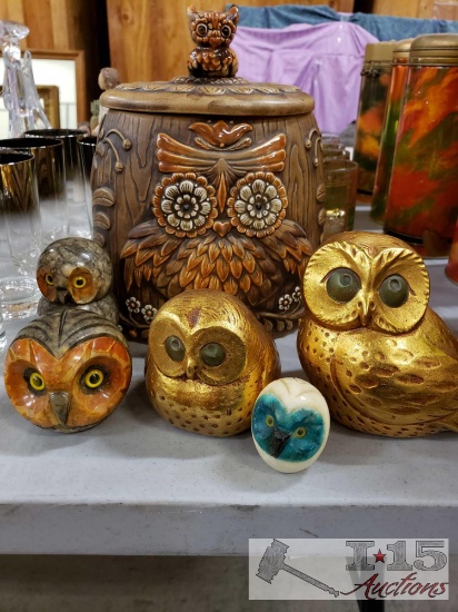 Vintage Owl Lot ... Ceramic and Handcarved 6 Pieces