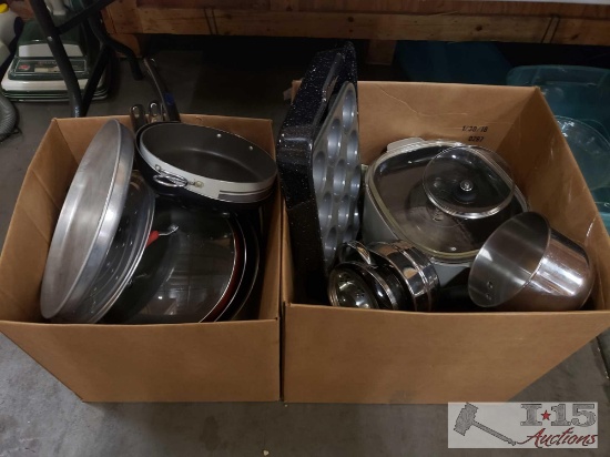 Two Boxes of Assorted Pots, Pans and Cookware