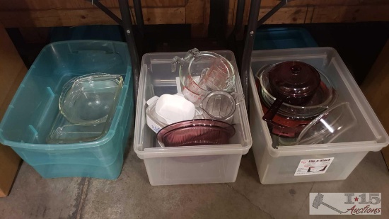 3 Plastic Totes of Glass Cookware and Pyrex Measuring Cups