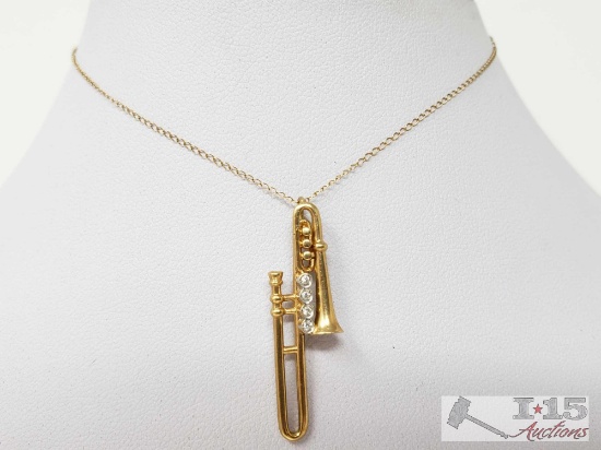 14k Gold Necklace with Gold and Diamond Trumpet Pendent, 2.4g