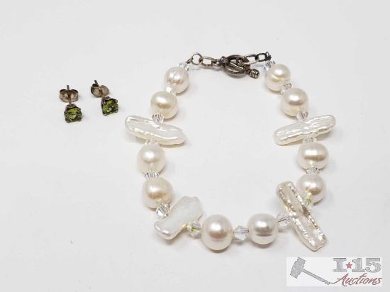 Sterling Silver Earring and Pearl Necklace with Sterling Clasp, 14.3g