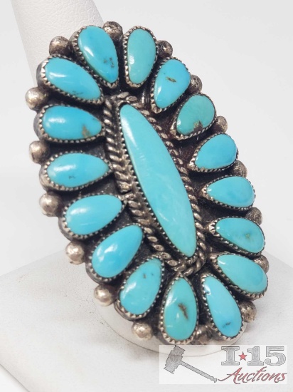 Large Turquoise Cluster Sterling Silver Ring, 17.6g