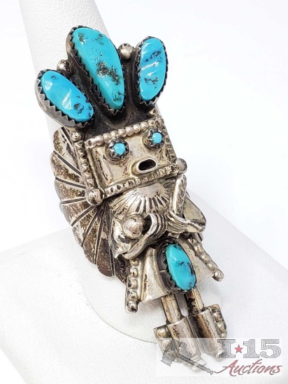Sterling Silver and Turquoise Kachina Doll Ring, 15.1g