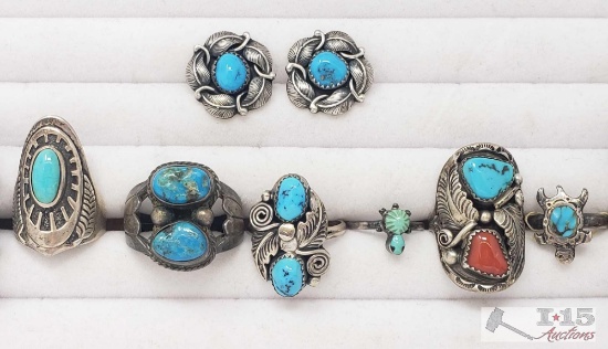 6 Sterling Silver and Turquoise Rings and Pair of Earrings