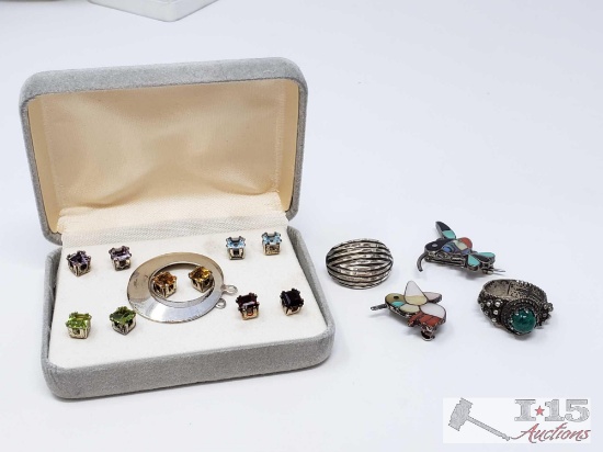 Sterling Silver Ring, Pins and Five Pairs of Earrings