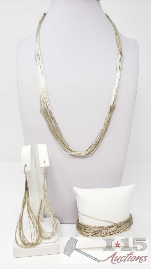 .925 Sterling Silver Necklace, Earring and Bracelet Set, 45g