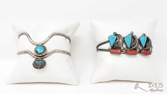 Three Sterling Silver and Turquoise Bracelets, 31.9g