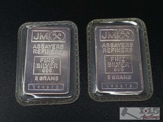 Two JM Fine Silver .999 Bars, 5g each