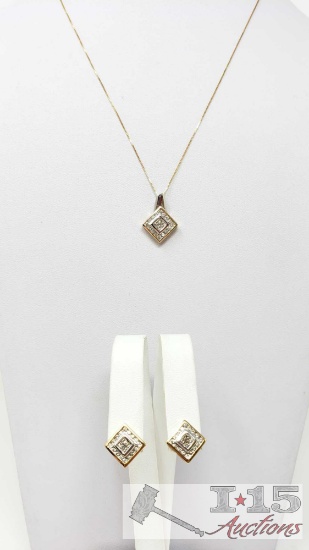 Matching 14k Gold Diamond Earrings and Necklace, 7.3g