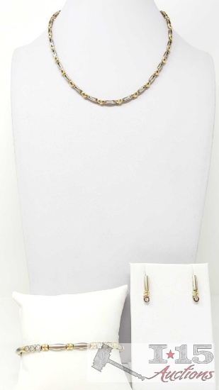 Matching 14k, Diamond Earring, Necklace and Bracelet Set