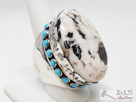 Rare Robert Shakey Sterling Silver with Buffalo Stone Accented with Turquoise studs Ring, 71.1g Size