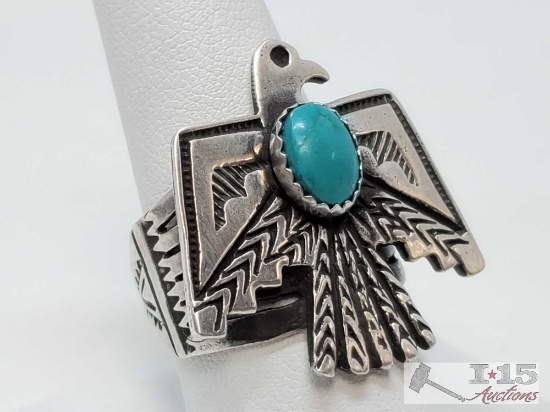Native American Sterling Silver and Thunderbird Authentic Turquoise Ring, 11.8g
