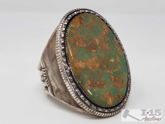 Signed by Artist Large Sterling Silver Cuff Bracelet with an Amazing Green Turquoise Stone.