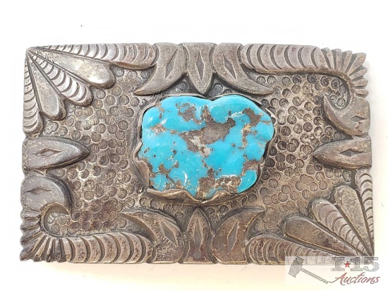 Sterling Silver Turquoise Belt Buckle, 54.3 grams
