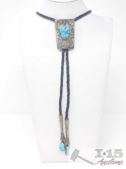 Sterling Silver Turquoise Bolo Tie, 64.1g