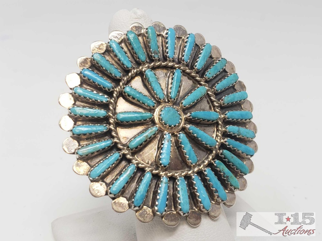 BYJoe Vintage Turquoise Cluster Large Face Sterling Ring, 14.5g Sterling Silver and Signed by Artist