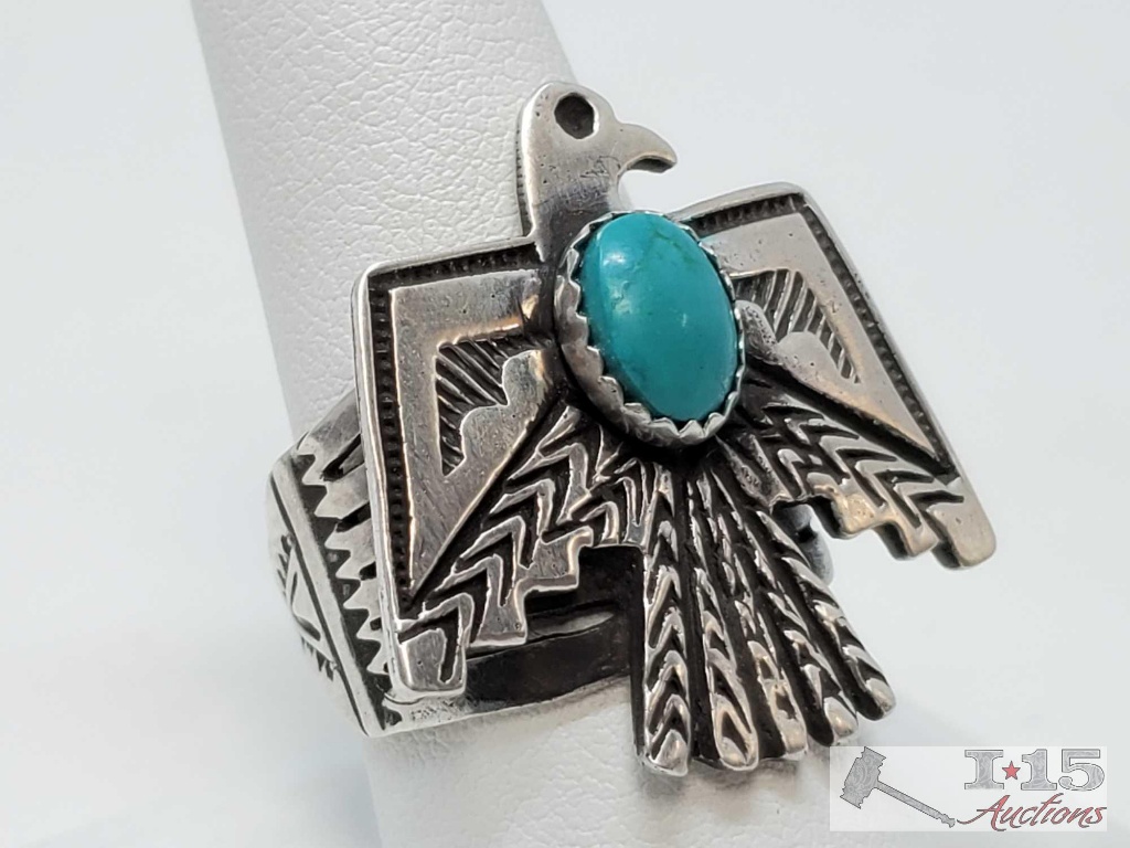 Native American Sterling Silver and Thunderbird Authentic Turquoise Ring, 11.8g
