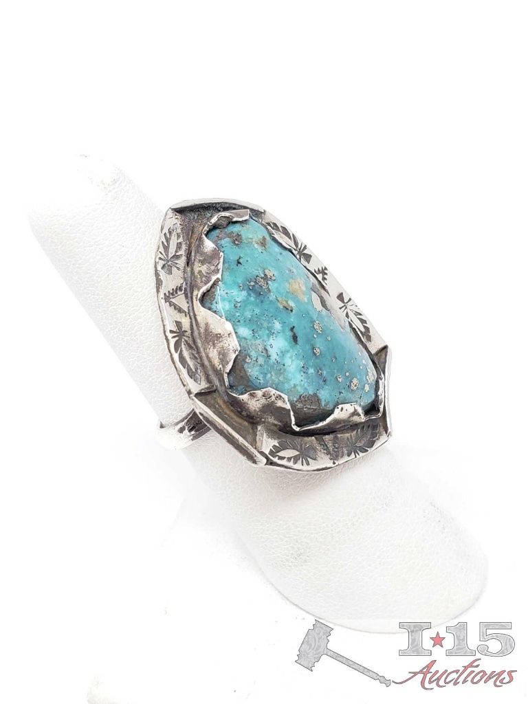 Sterling Silver Chunky Ring Turquoise Ring, 11.7 grams
