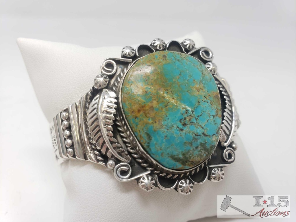 Marcella James Vintage Turquoise Mixed Media Sterling Bracelet, 55.7g